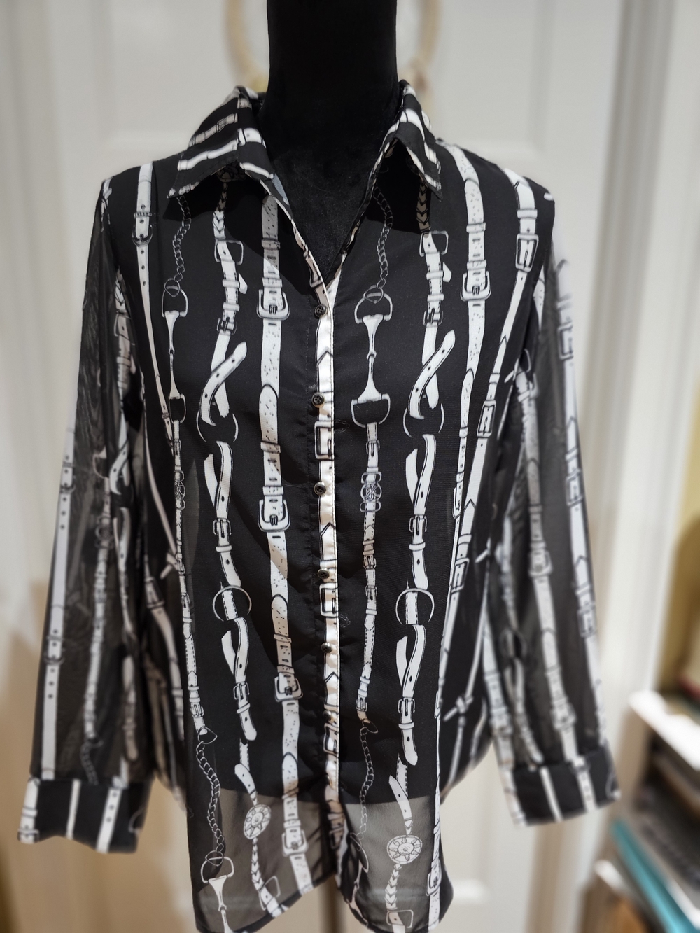 David Cline Black and White Horse Bridle Reins & Chain-Print Blouse